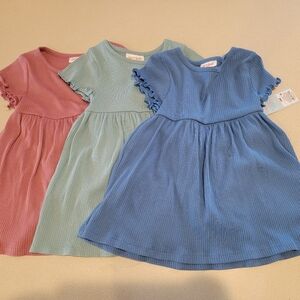 NWT 3 Pack Toddler Girl Ruffled Sleeve Dresss - Pink, Green, and Blue 18 Months
